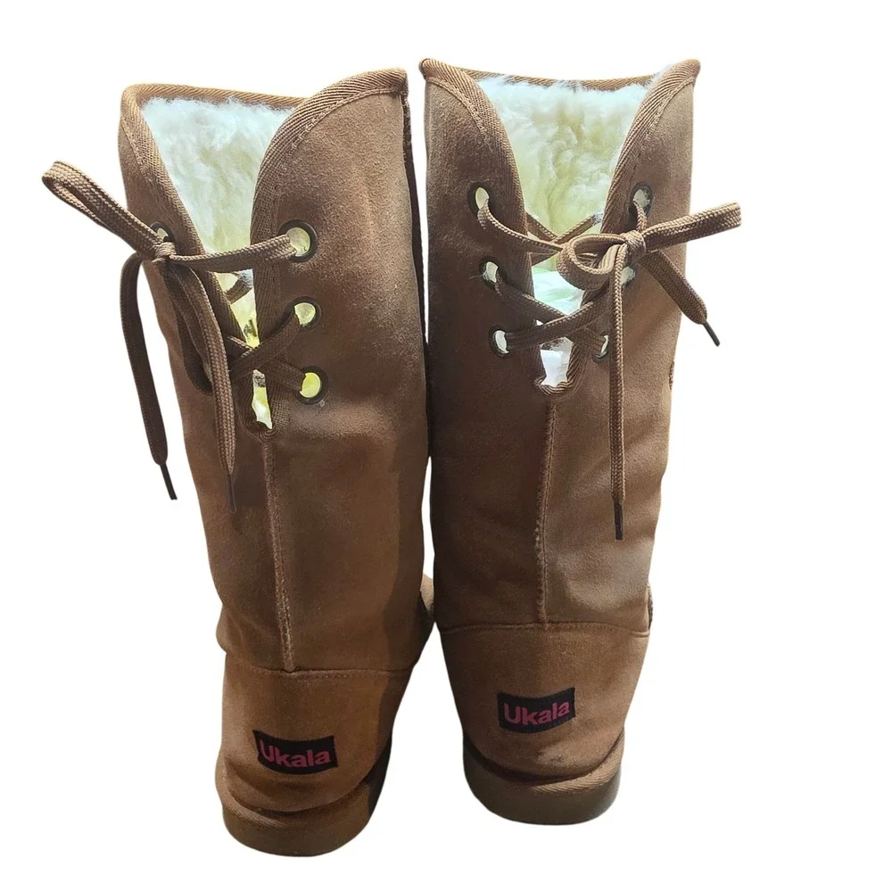 Ukala Sydney Women 8 Tall Suede Sheepskin Boot Tan Lace Up Back Merino Wool